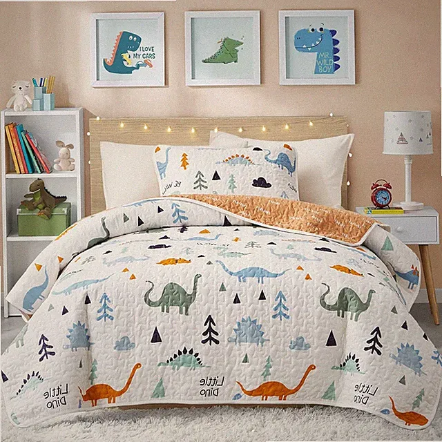 3-Piece Cotton Quilt Set Full/Queen, Cute Dinosaur Reversible Design for Kids Bo