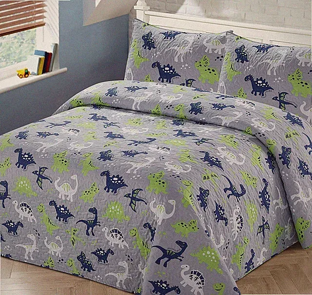 3pc Full/Queen Bedspread Coverlet Quilt Set for Kids Multi-Color Dinosaurs Blue