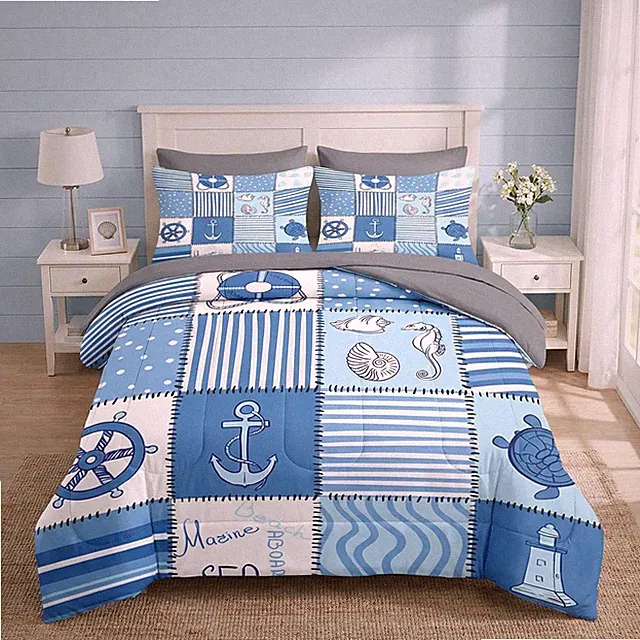 7 Pcs Comforter Set Full Size, Ocean Sea Beach Nautical Bedding Set for Kids and