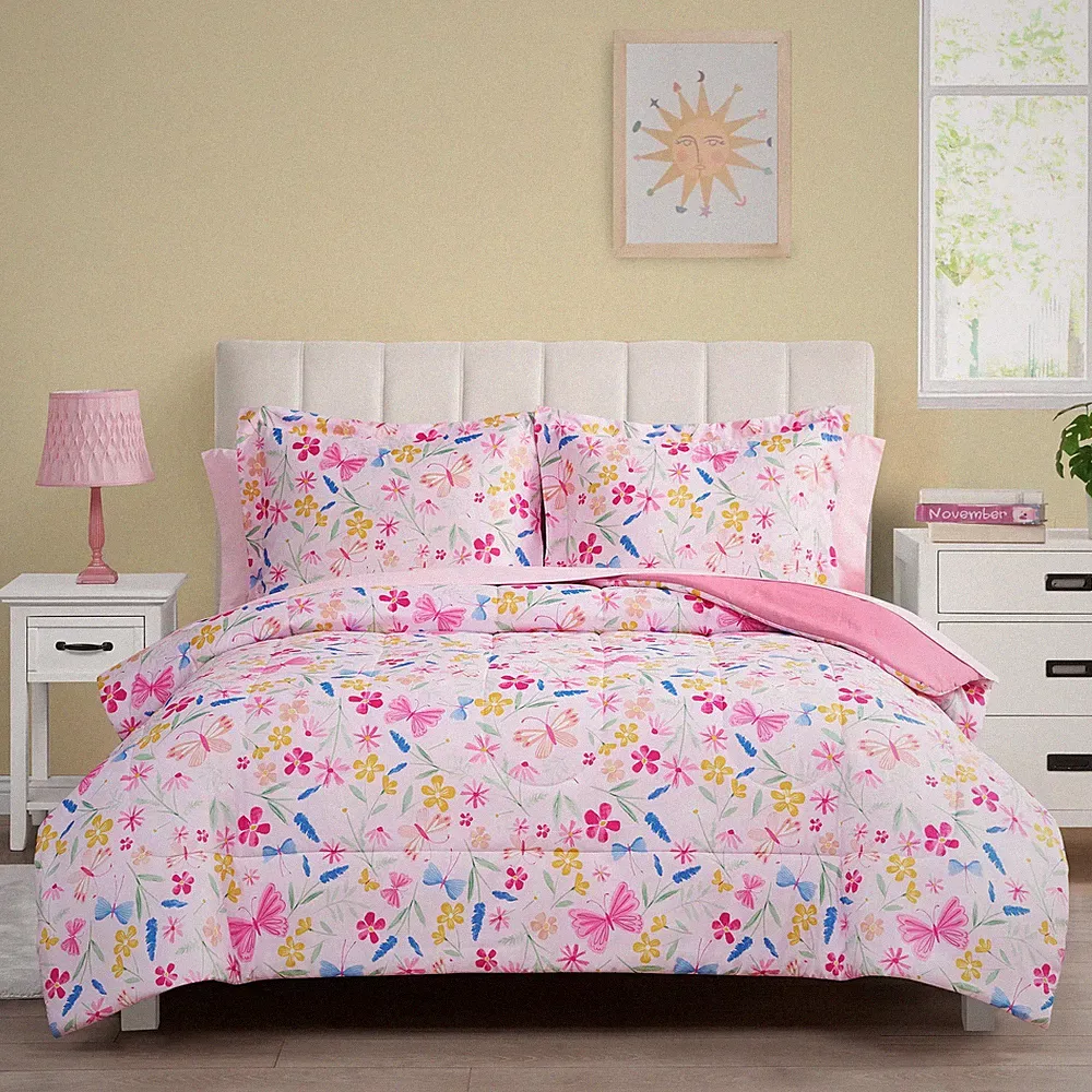 7 Piece Pink Wildflower Polyester Bedding Set for Girls, Full