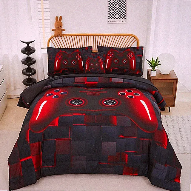 Boys Bedding Set Twin Size 6Pcs Game Console Comforter Set for Kids 3D Black