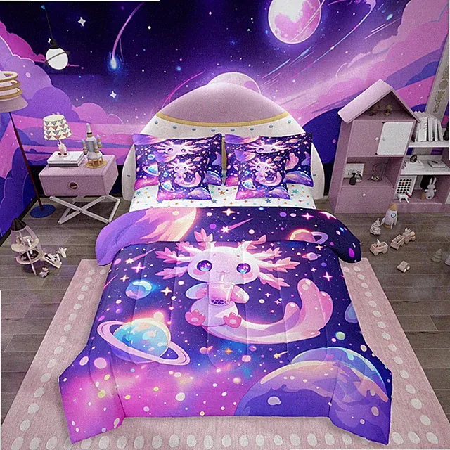 Cute Axolotl Galaxy Comforter Set Queen Size 7-Piece Bedding for Kids