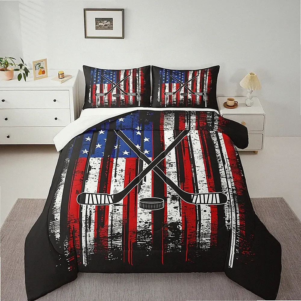 Hockey Comforter Set Full Size, American Flag Bedding Set 3pcs for Kids Boys...