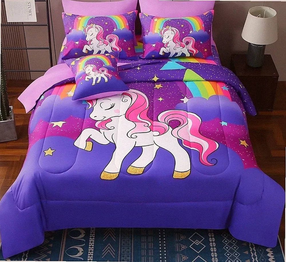 JQinHome Unicorn Full Bedding Sets for Girls Kids,8 Piece Bed in A Bag 3D Purple