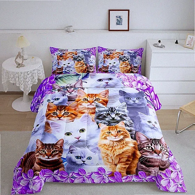 Kawaii Cat Bedding Set Full Size Comforter for Kids - Purple Feline Decor, 3Pcs