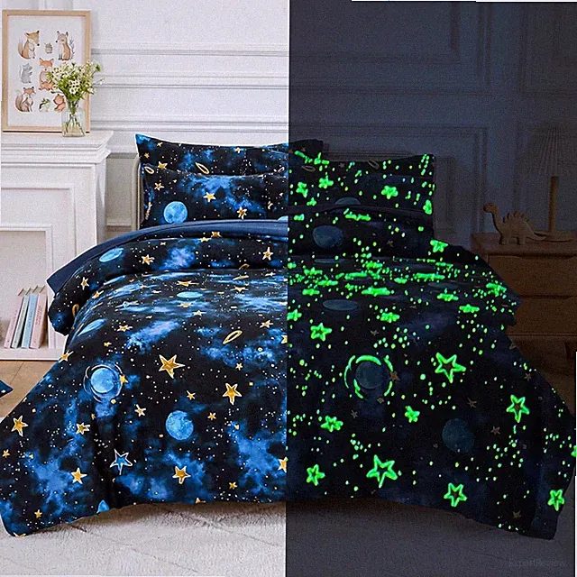 Kids Comforter Sets Twin Size for Boys, Glow in the Dark Blue Starry Sky Space B