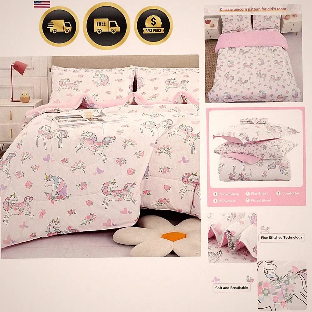 Kids Twin Bedding Sets for Girls Unicorn Comforter Sheets Pillow Sham