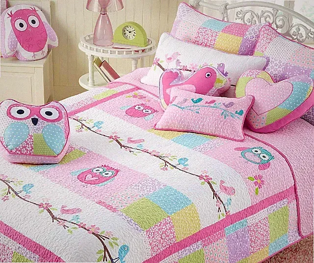 Little Cute Birds Owls Floral Pink 100% Cotton Quilt Bedding Set for Kids
