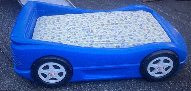 Little Tikes Blue Race Car Bed For Kids. Complete With Mattress & Wood Insert.