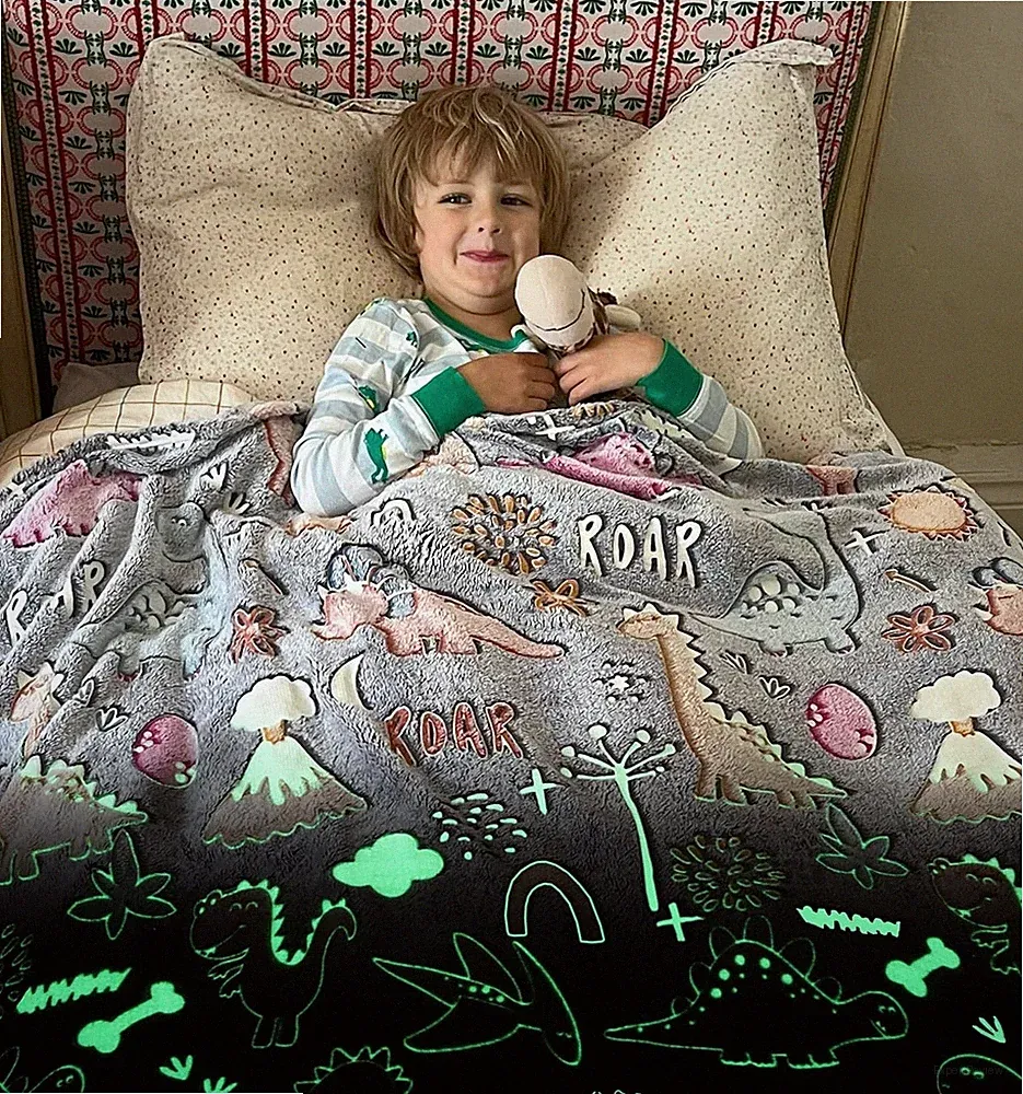 Magical Glow in The Dark Dinosaur Blanket for Kids - Soft Fleece Throw 50''x60''