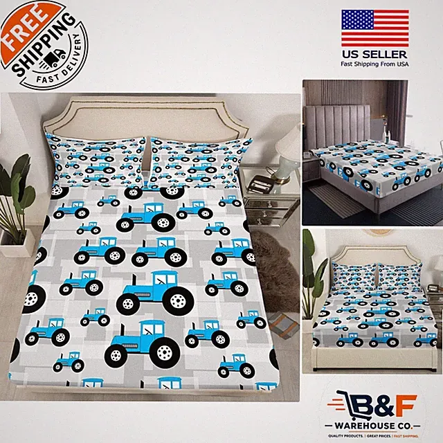 Queen Tractor Bedding Set: Cartoon Fitted Sheet & Pillowcases for Kids' Rooms