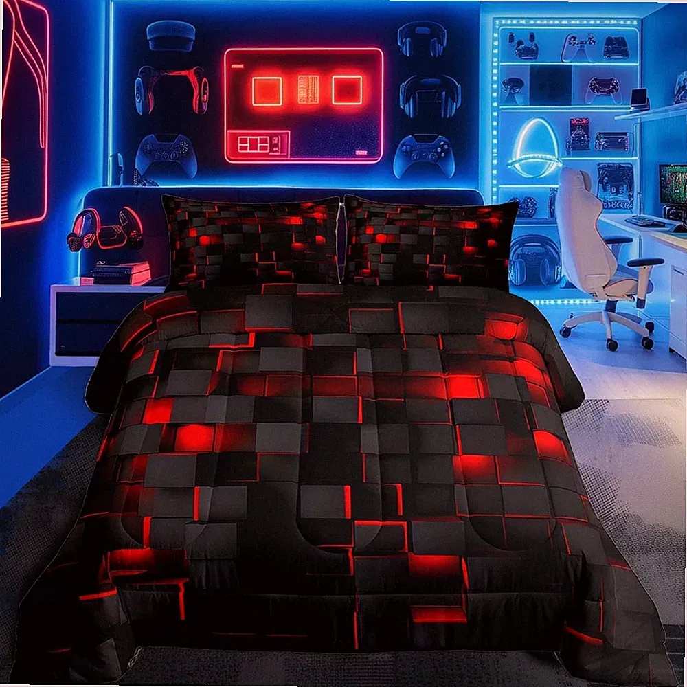 Red and Black Bedding Set Full Size Light Geometric Comforter Set for Kids Boys
