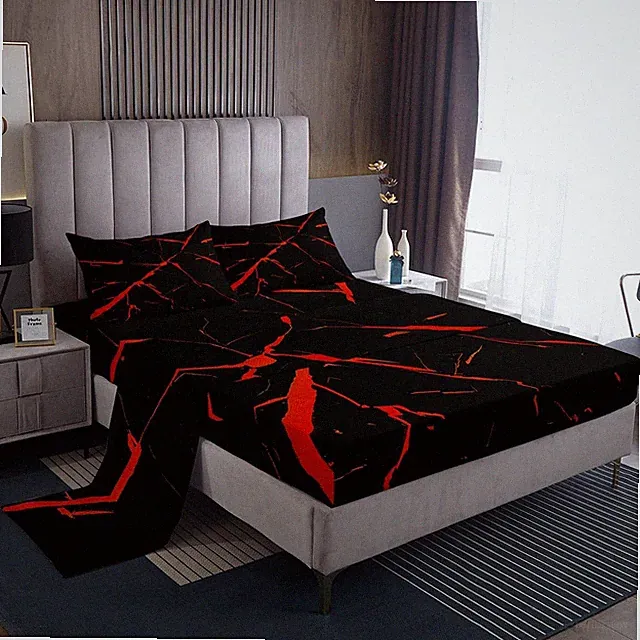 Red Black Geometric Sheet Set Queen Size Kids Marble Bed Sheets Set for Boys...