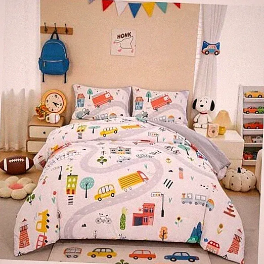 Size Comforter Sets for Boys 3-Piece Cartoon Cars Kids Bedding Sets Twin White