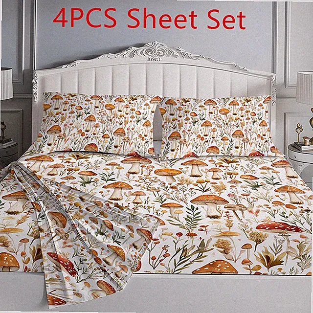 Soft Sheet Set 4PCS Colorful Mushroom Fitted Sheet with 2Pillowcases for Bedroom