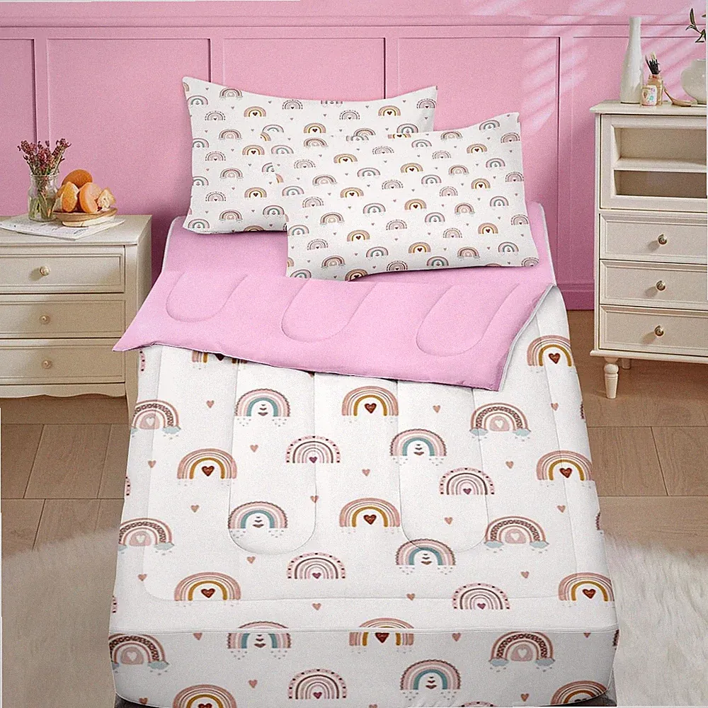 Zipper Bedding Twin Rainbow Heart Zip up Bedding Set for Girls and Kids, Pink Bo